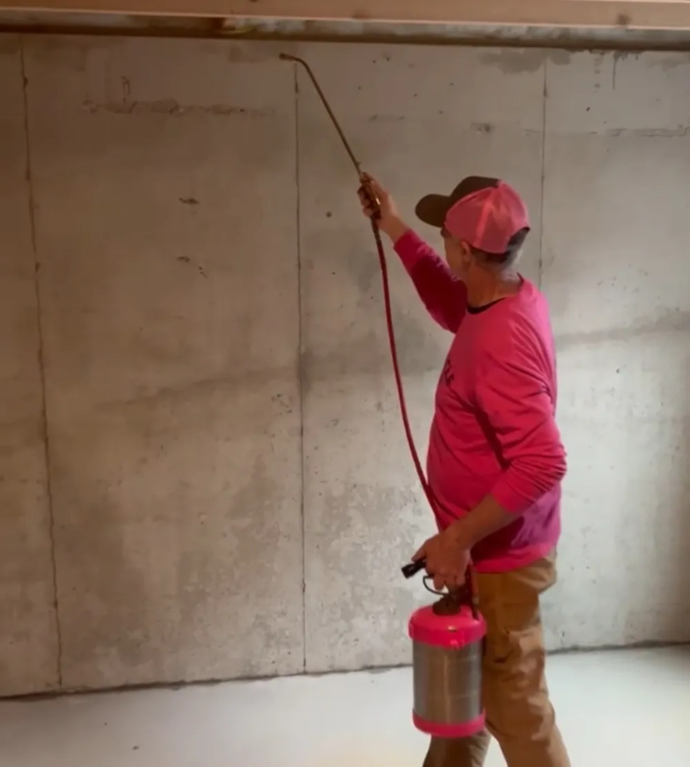 Pest control technician treating a basement wall for ants and spiders
